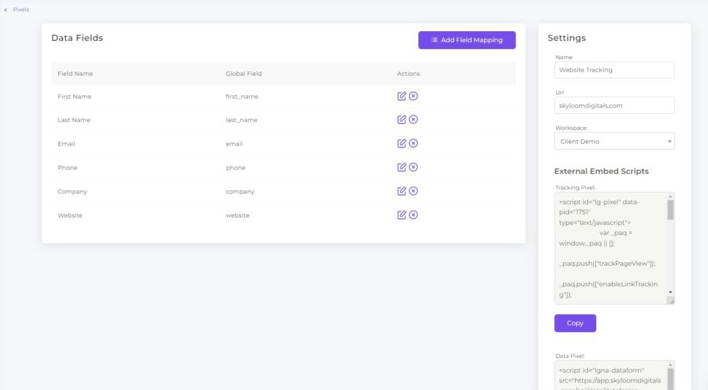 Pixel Integration Data Form